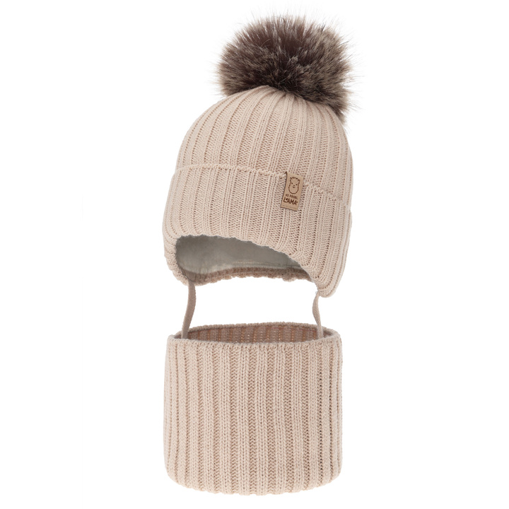 Girl's winter set: hat and tube scarf, beige, with pompom Abigail