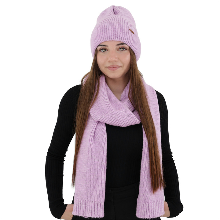 Woman's winter set: hat and scarf, purple, with merino wool, Seala