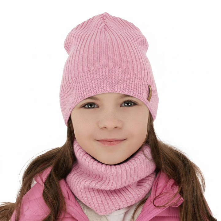 Girl spring autumn set hat and tube scarf pink 100% extra fine merino wool Chelsie