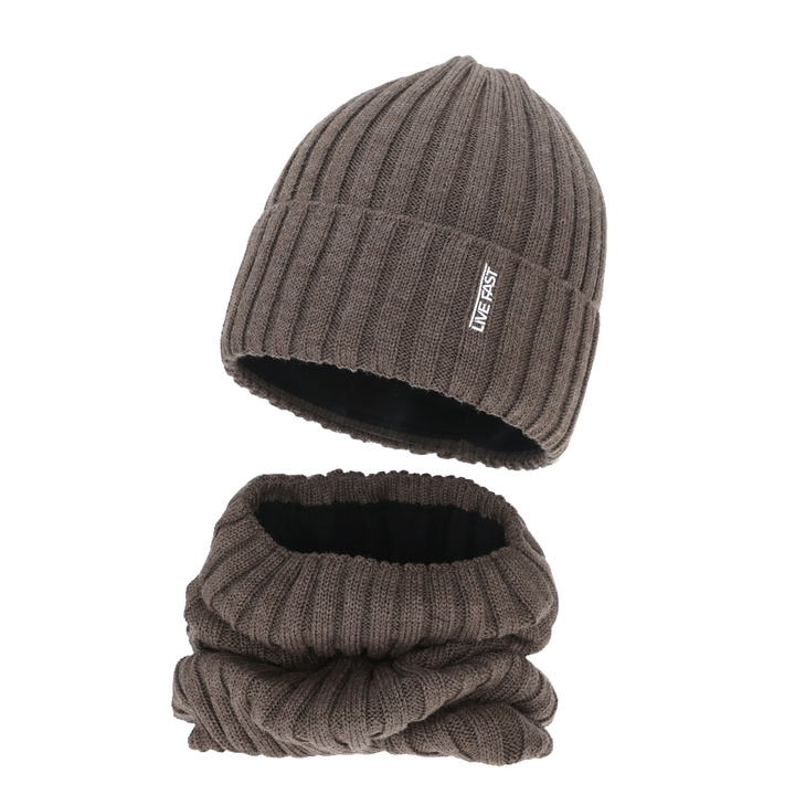 Boy's winter set: hat and tube scarf, light brown, with merino wool, fleece lining, Banasko