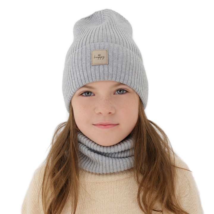 Girl spring, autumn set: hat and tube scarf, grey, 100% merino wool, Vanita