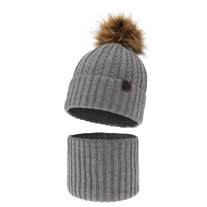 Boy's winter set: hat and tube scarf grey with pompom Lars