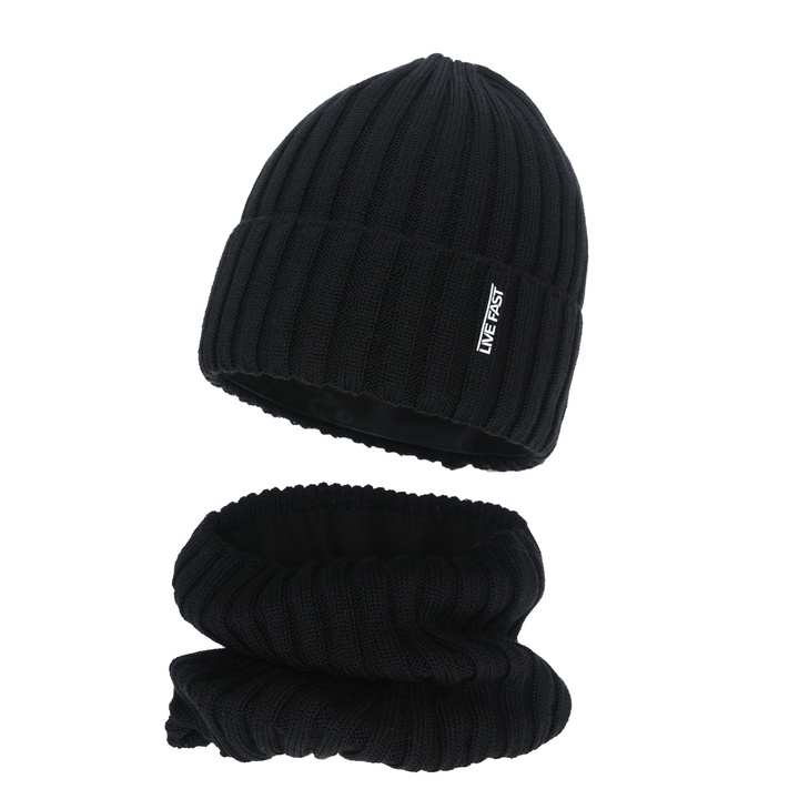 Boy's winter set: hat and tube scarf, black, with merino wool, fleece lining, Banasko