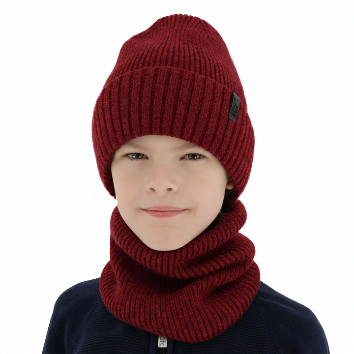 Boy's hat and tube scarf, winter set, 100% merino wool, with merino wool lining, burgundy Harbin