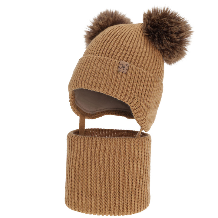 Boy's winter set: hat and tube scarf, camel, with two pompom, Zorven