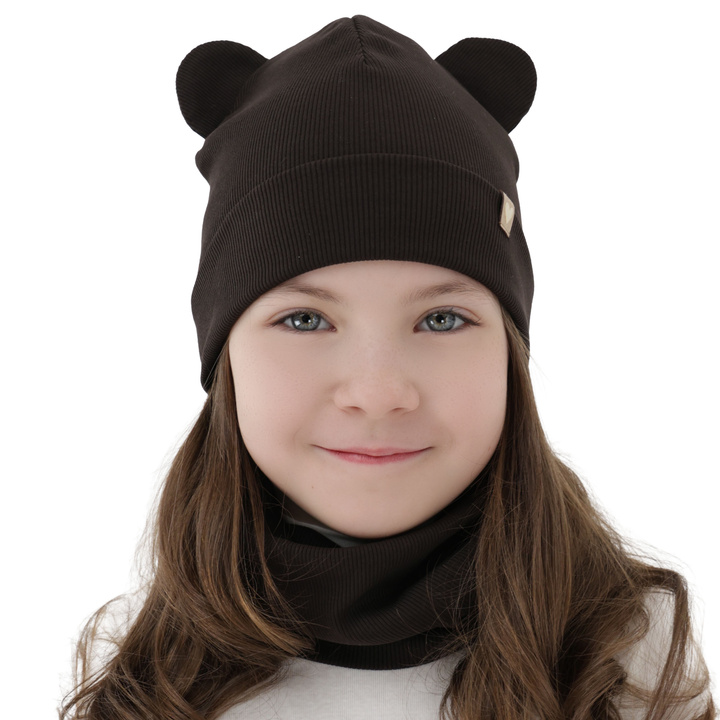 Girl's spring, autumn set: hat and tube scarf, dark brown, cotton, Luminia