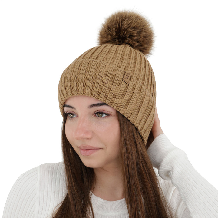 Woman's winter hat, camel, with merino wool, Zamira