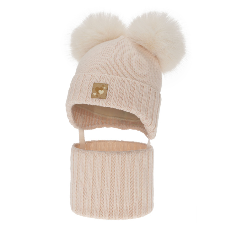 Girl's hat and tube scarf, winter set, light pink, 100% merino wool, lined with wool fleece, Ronia