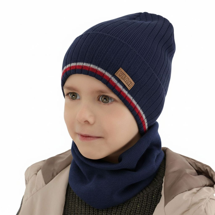 Children's autumn/ spring set: hat and tube scarf, with cotton, navy blue London