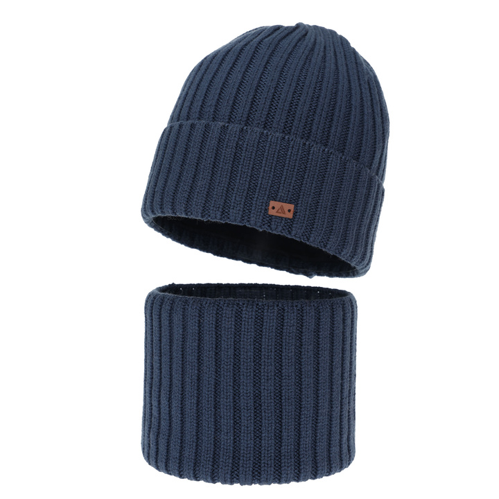 Boy's winter set: hat and tube scarf, blue, 100% merino wool, Umberto