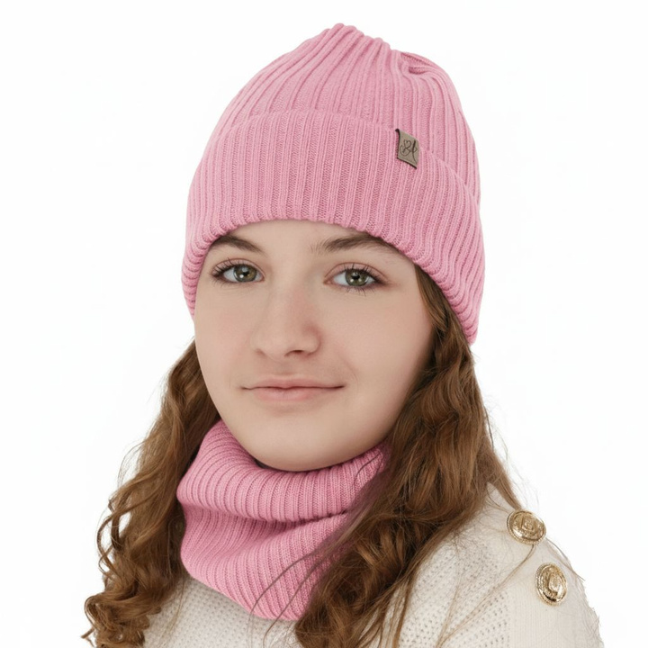 Girl's winter set: hat and tube scarf, pink, 100% merino wool, Patricia
