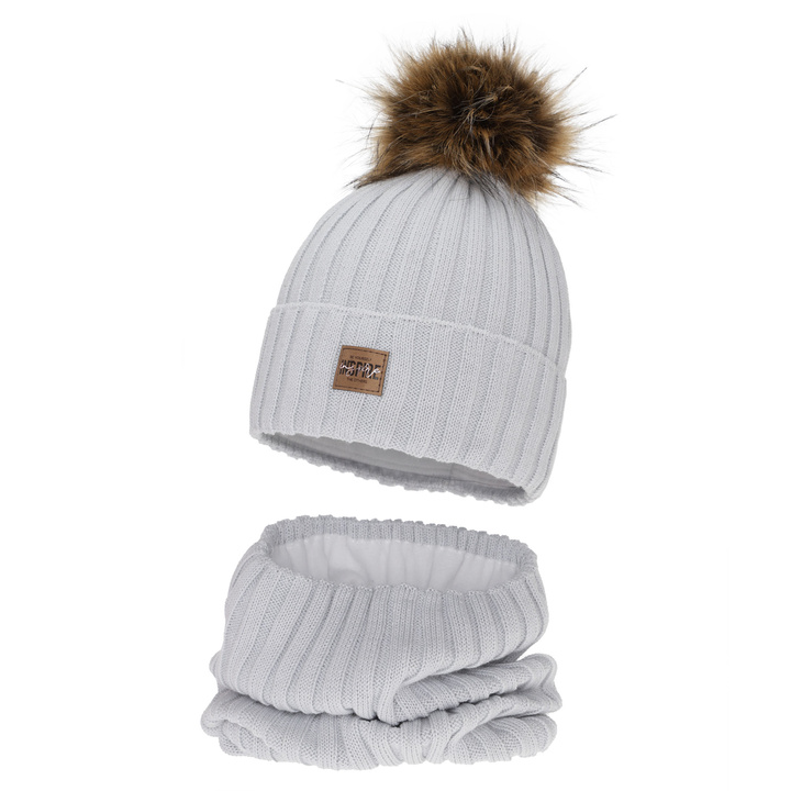 Girl's winter set: hat and tube scarf, grey, fleece lining, with merino wool, Bellina