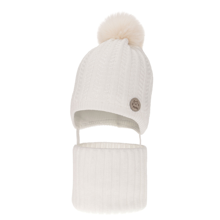 Girl's winter set: hat and tube scarf white with pompom Kenta