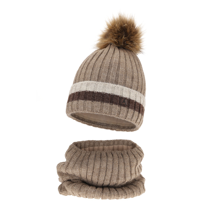 Boy's winter set: hat and tube scarf beige with pompom Beno