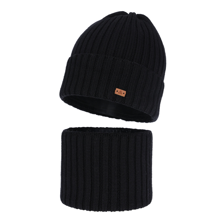 Boy's winter set: hat and tube scarf, black, 100% merino wool, Umberto