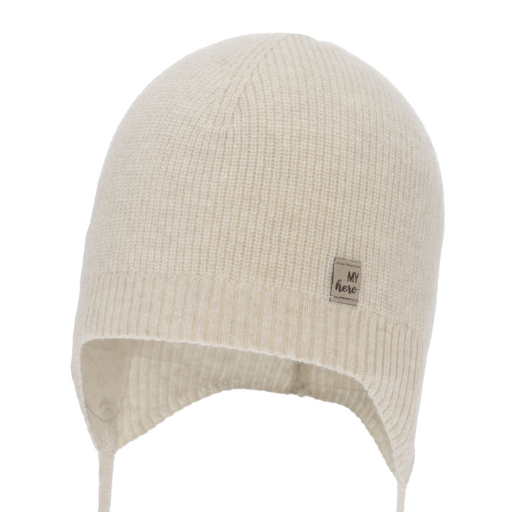 Boy's spring/ autumn hat, light beige, merino wool with cashmere, with ears, Tono