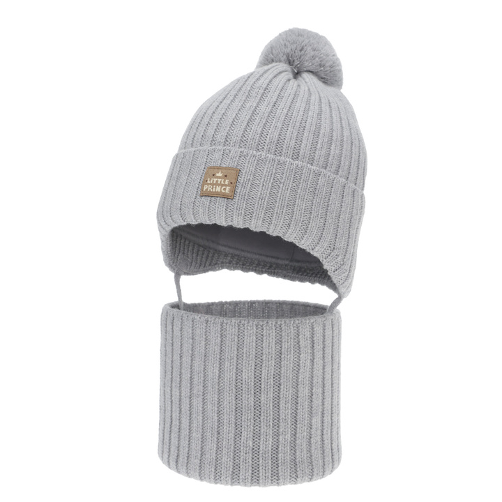 Boy's winter set: hat and tube scarf, gray, 100% merino wool, cotton lining, with ears, Masil