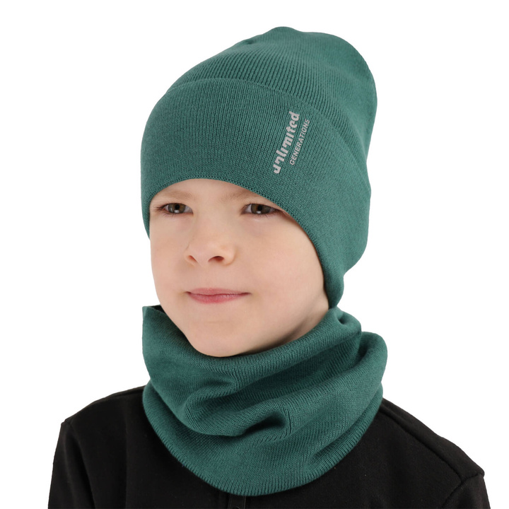 Children's autumn/ spring set: hat and tube scarf, with cotton, green Timothe