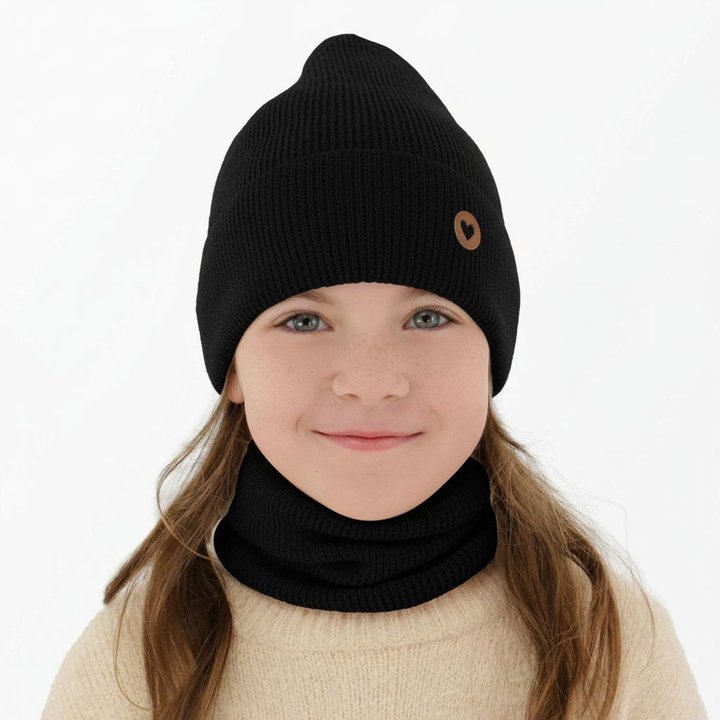 Girl spring autumn set hat and tube scarf black 100% extra fine merino wool Brook
