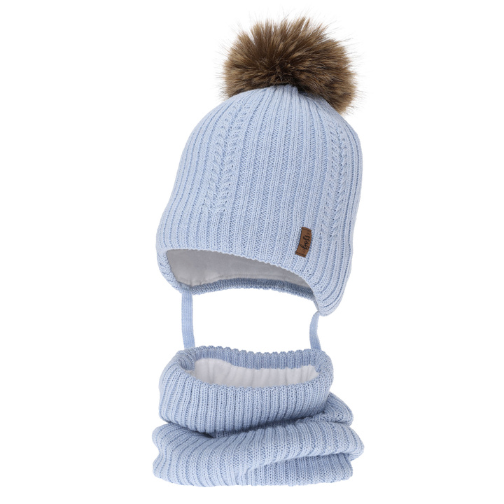 Hat and tube scarf for boy winter set, light blue, with merino wool, tied Zongo