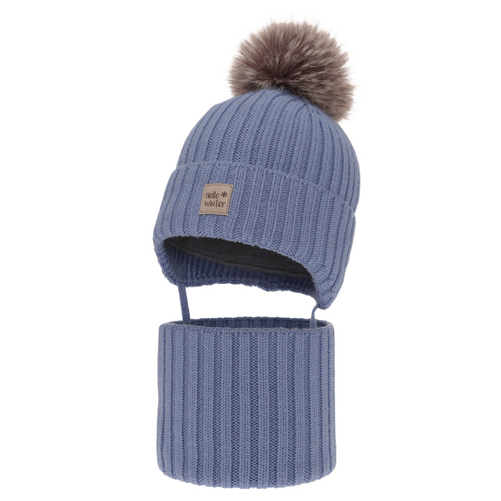 Boy's winter set: hat and tube scarf, blue, 100% extra fine merino wooll, lined with wool fleece Morti