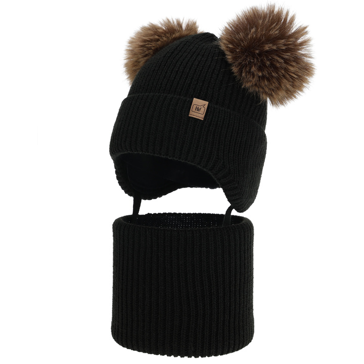 Boy's winter set: hat and tube scarf, light grey, with two pompom, Zorven