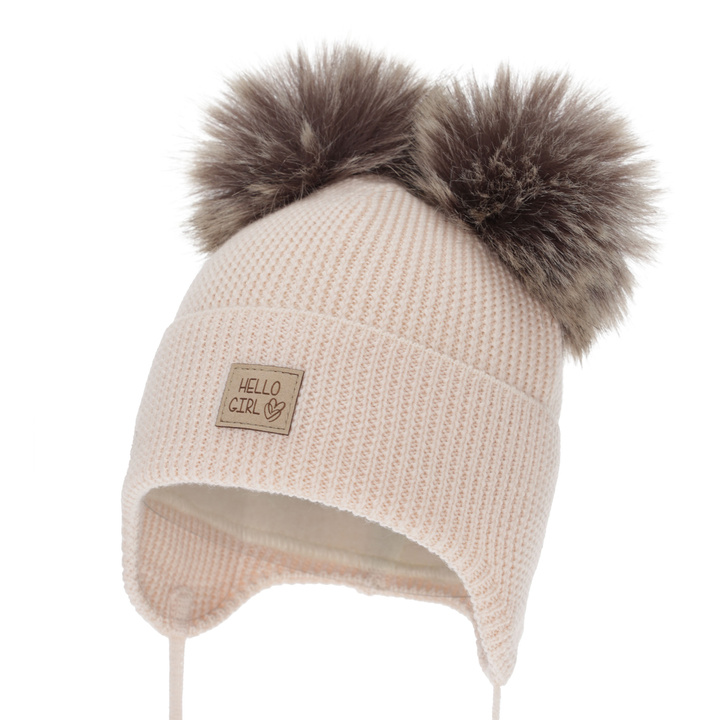 Girl's winter hat, pink, 100% merino wool, wool fleece lining, with ears, Trudina