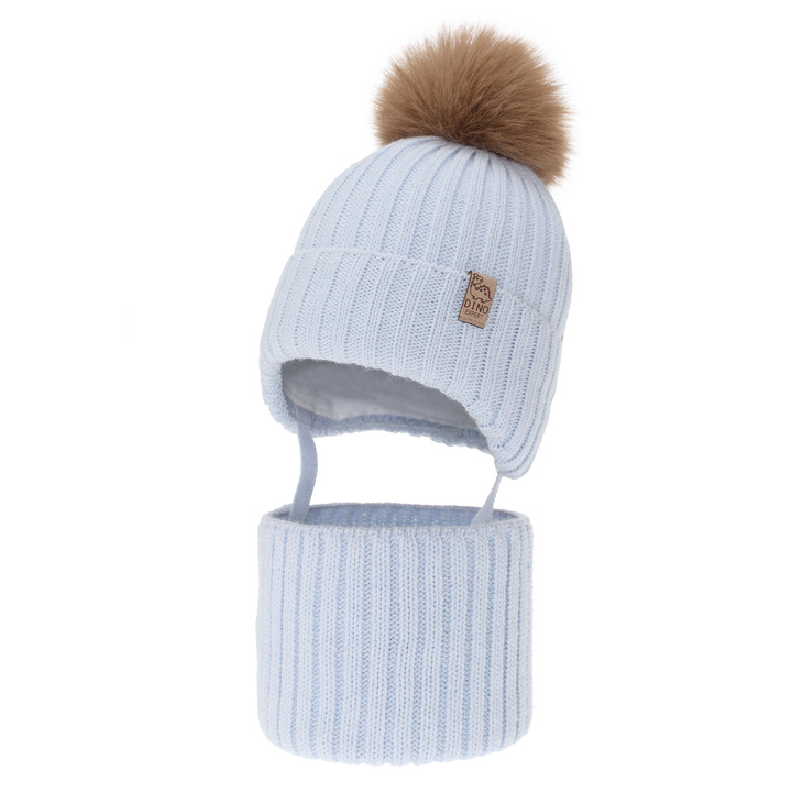 Boy's winter set: hat and tube scarf, light blue, with pompom, Bagil