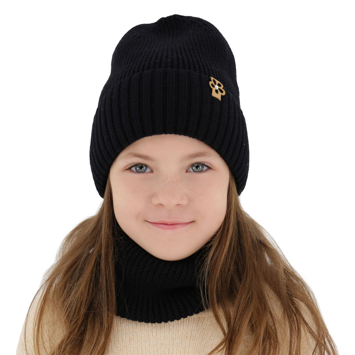 Girl's winter set: hat and tube scarf black 100% extra finemerino wool Nelita