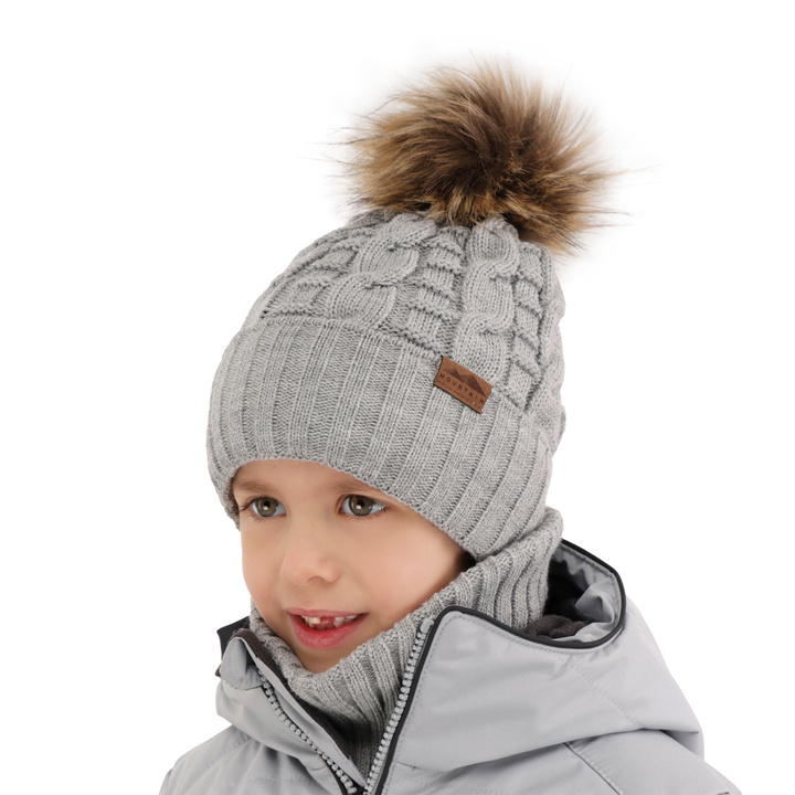 Boy's winter set: hat and tube scarf grey with pompom Cent