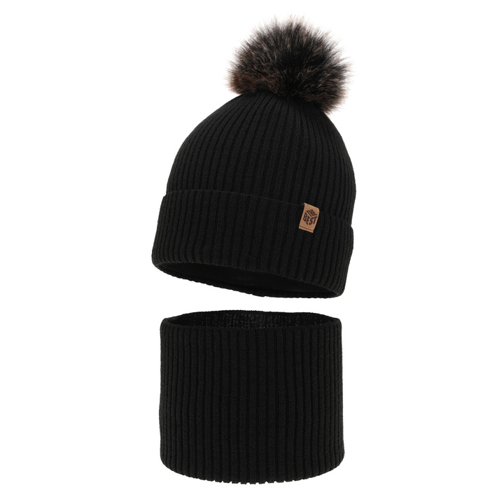 Boy's winter set: hat and tube scarf black with pompom Wizar