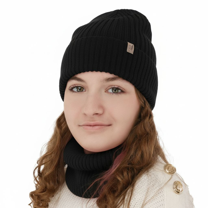 Girl's winter set: hat and tube scarf, black, 100% merino wool, Patricia
