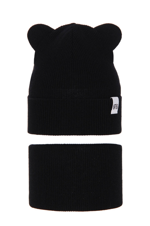 Girl's spring/ autumn set: hat and tube scarf, with cotton, black Kajra