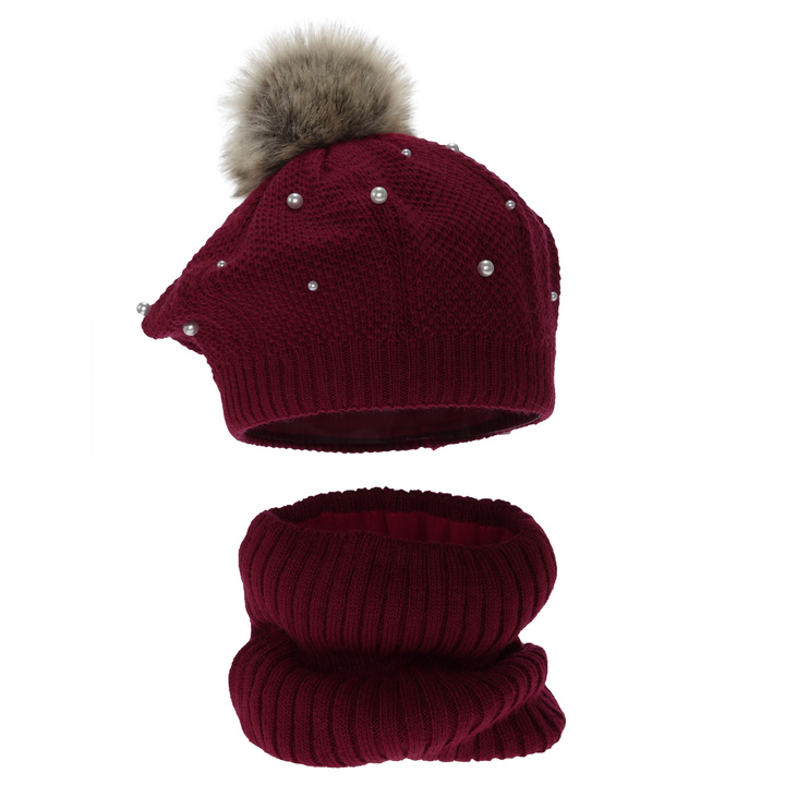 Girl's winter set: beret and tube scarf, burgundy, with pompom, fleece lining, Jeanette