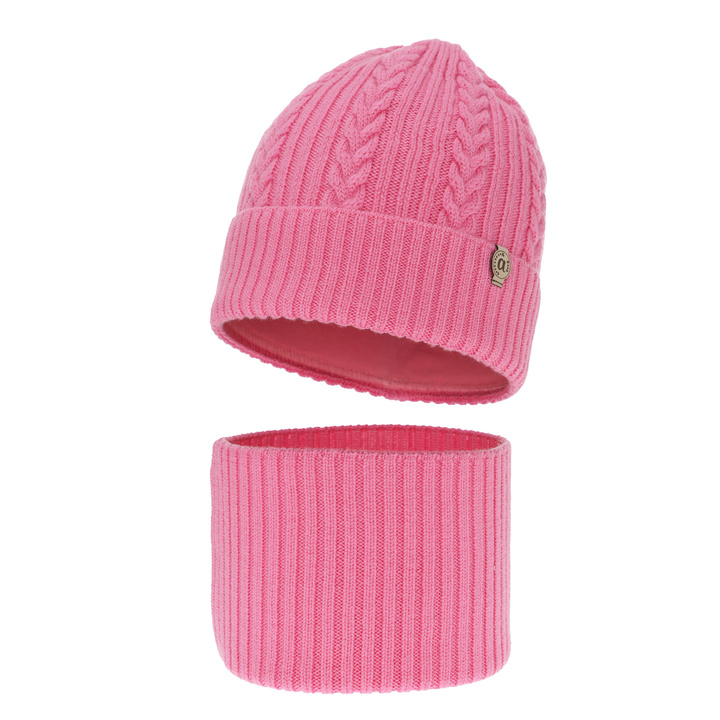 Girl's winter set: hat and tube scarf pink made of 100% extra fine merino wool Jenny