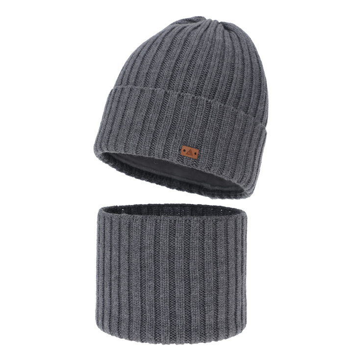 Boy's winter set: hat and tube scarf, grey, 100% merino wool, Umberto