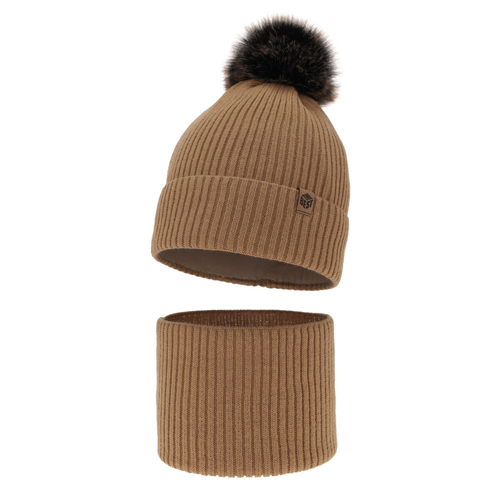 Boy's winter set: hat and tube scarf camel with pompom Wizar