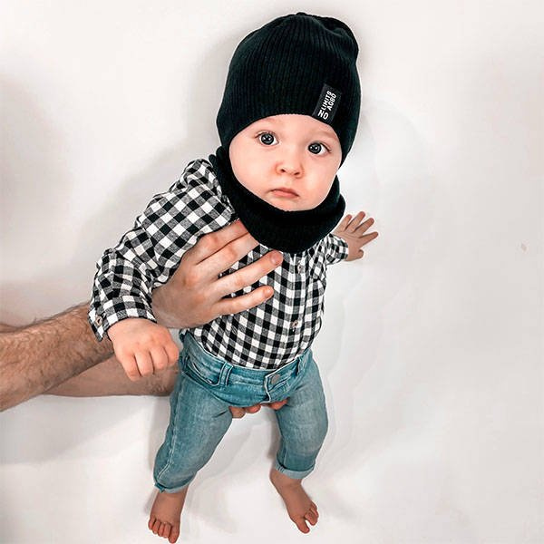 Children's autumn/ spring set: hat and tube scarf, with cotton, black Tunis