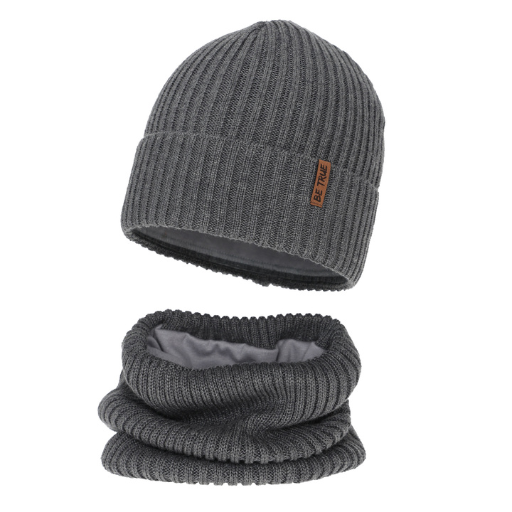 Boy's winter set: hat and tube scarf, gray, with merino wool, cotton lining, Colton