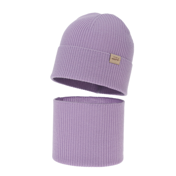 Girl's spring, autumn set: hat and tube scarf, purple, 100% merino wool, Magenta