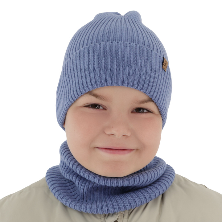 Boy's spring/ autumn set: hat and tube scarf blue 100% extra finemerino wool Lemas