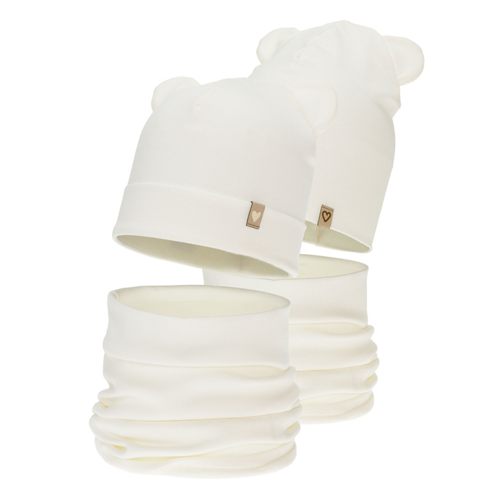 Girl's spring, autumn set: hat and tube scarf, cream, cotton, Luminia