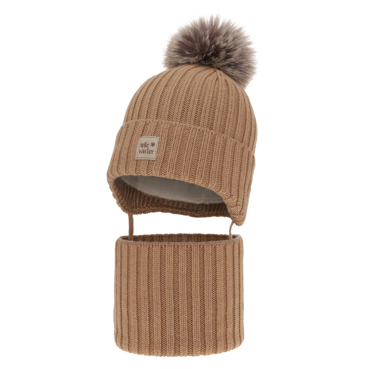 Boy's winter set: hat and tube scarf, camel, 100% extra fine merino wooll, lined with wool fleece Morti