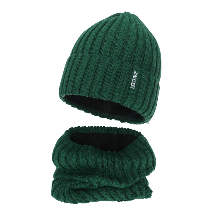 Boy's winter set: hat and tube scarf, green, with merino wool, fleece lining, Banasko
