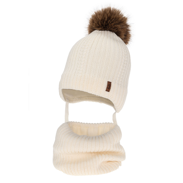 Boy's hat and tube scarf winter set, ecru, with merino wool, with ties Zongo