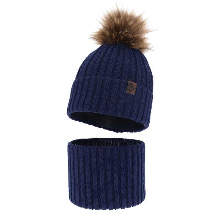 Boy's winter set: hat and tube scarf navy blue with pompom Lars