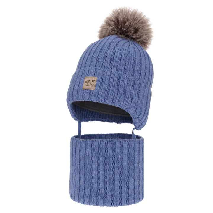 Boy's winter set: hat and tube scarf, blue, 100% extra fine merino wooll, lined with wool fleece Morti