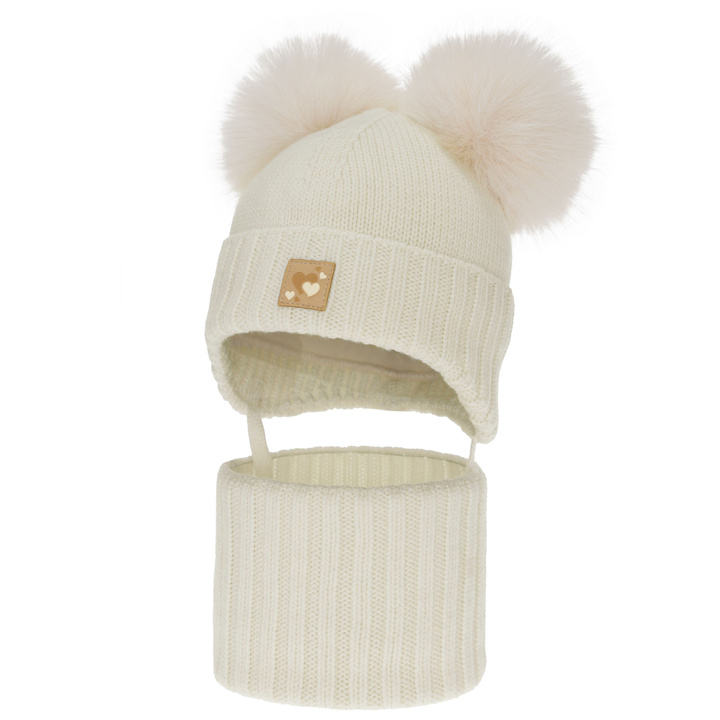 Girl's hat and tube scarf, winter set, cream, 100% merino wool, lined with wool fleece, Ronia