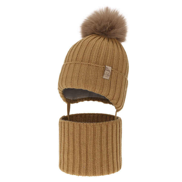 Boy's winter set: hat and tube scarf, camel, with pompom, Bagil