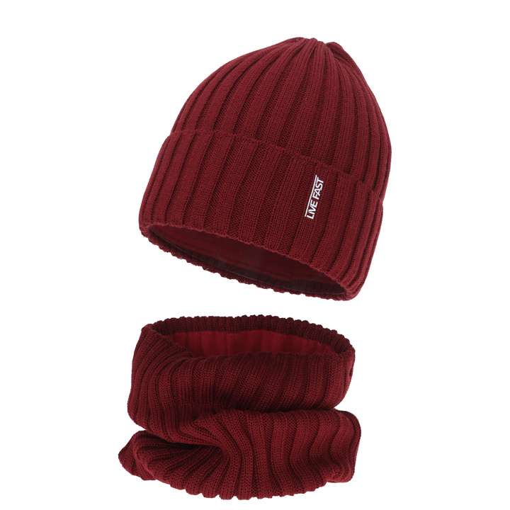 Boy's winter set: hat and tube scarf, burgundy, with merino wool, fleece lining, Banasko